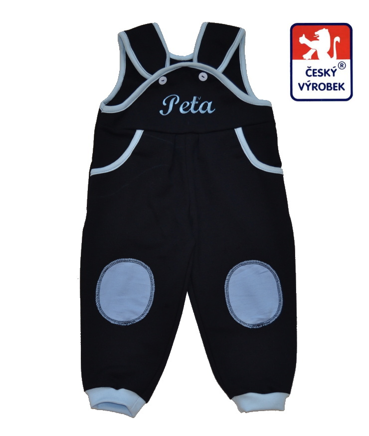 Dětské laclové tepláčky Dětský svět tmavě modré Hubert se záplatami vel.80