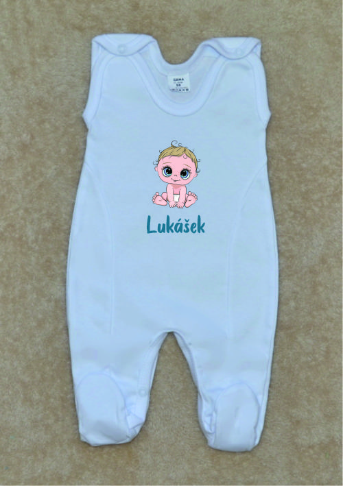 Dětské dupačky se jménem, Gama, bílé, obrázek+jméno chlapecké vel.62