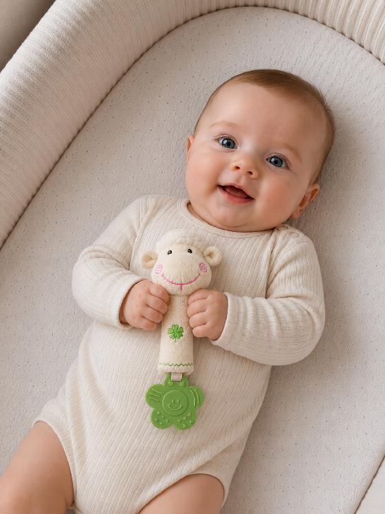 Plyšová krémová ovečka BabyOno s kousátkem a pískátkem – hračka pro miminka 🐑🤍👶