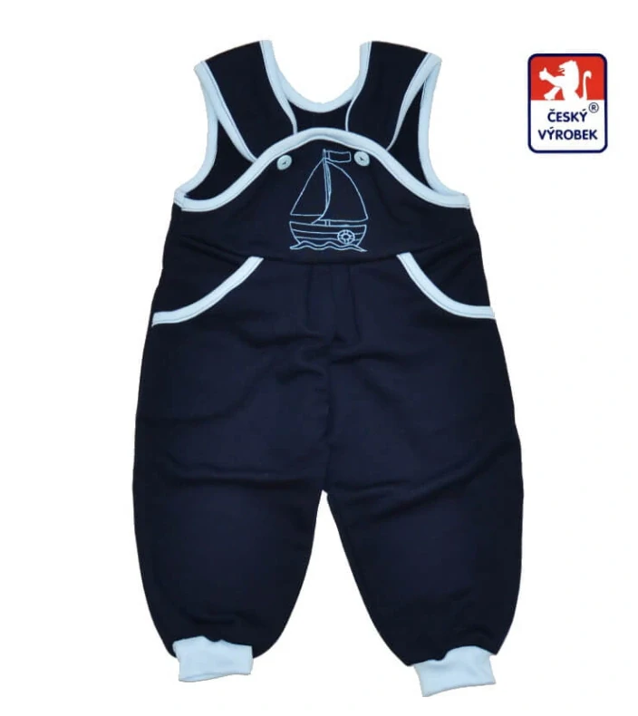 Dětské laclové tepláčky Dětský svět tmavě modré s lodičkou velikost 104