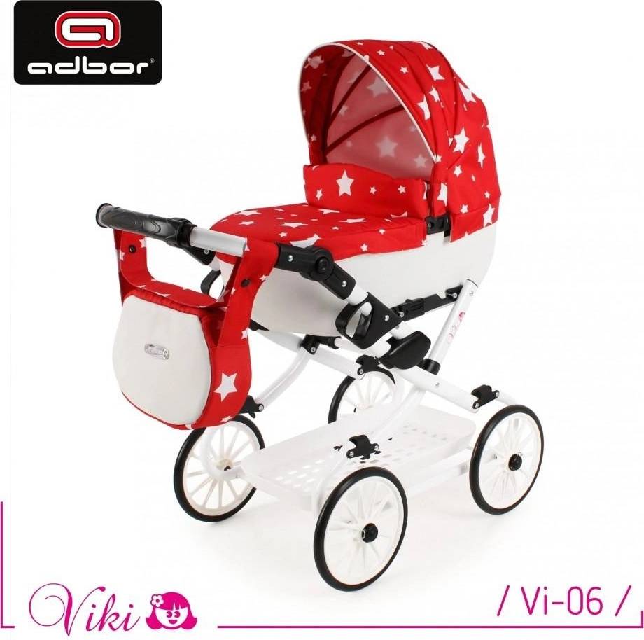 Kočárek pro panenky Adbor Viki VI-06 – červený s hvězdami ⭐❤️