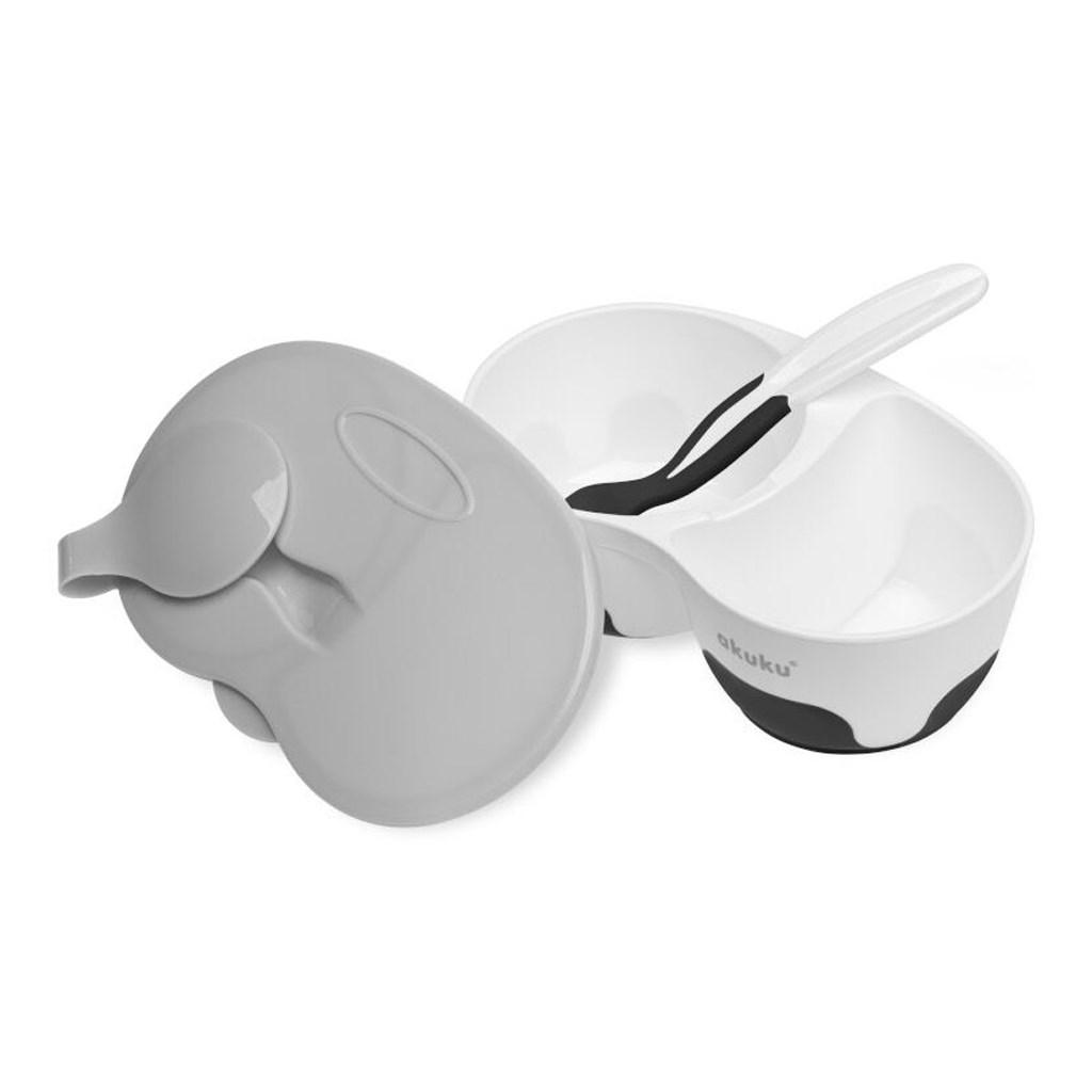Dětská dvoukomorová miska se lžičkou Akuku bílo-černá
