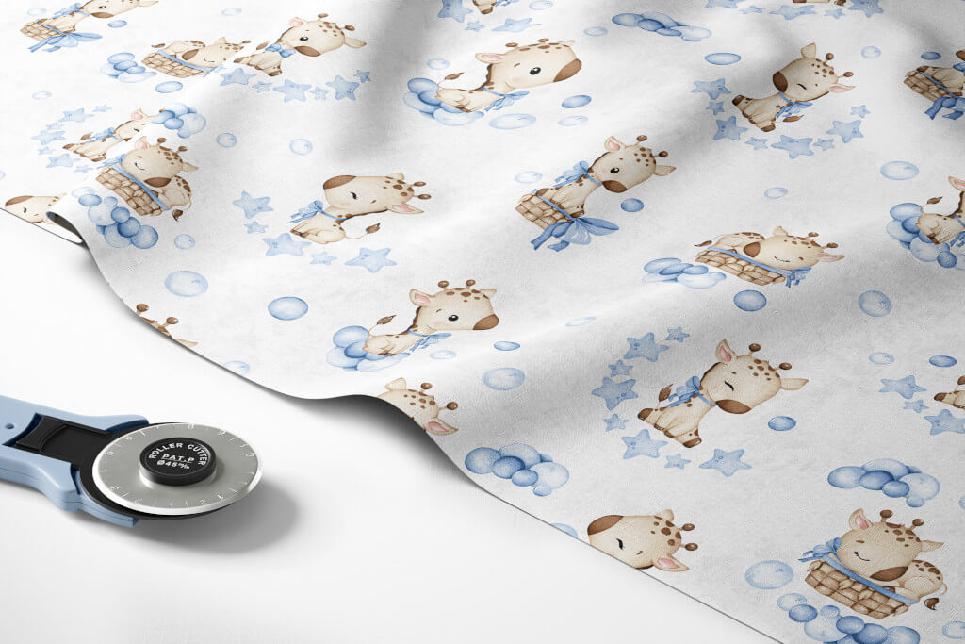 Dětská látka v metráži, modrá žirafa 2024