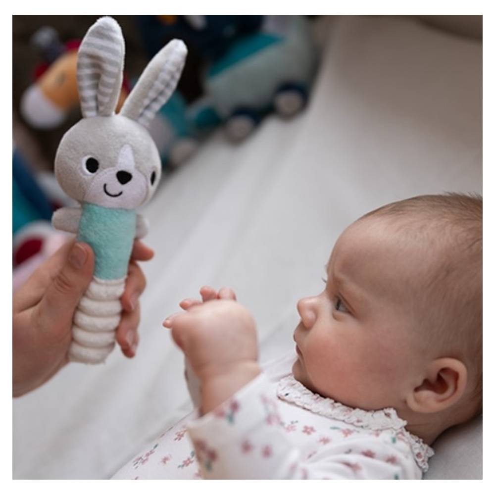 Kojenecká plyšová hračka s pískátkem do ruky Babyono HEY! BUNNY tyrkysová
