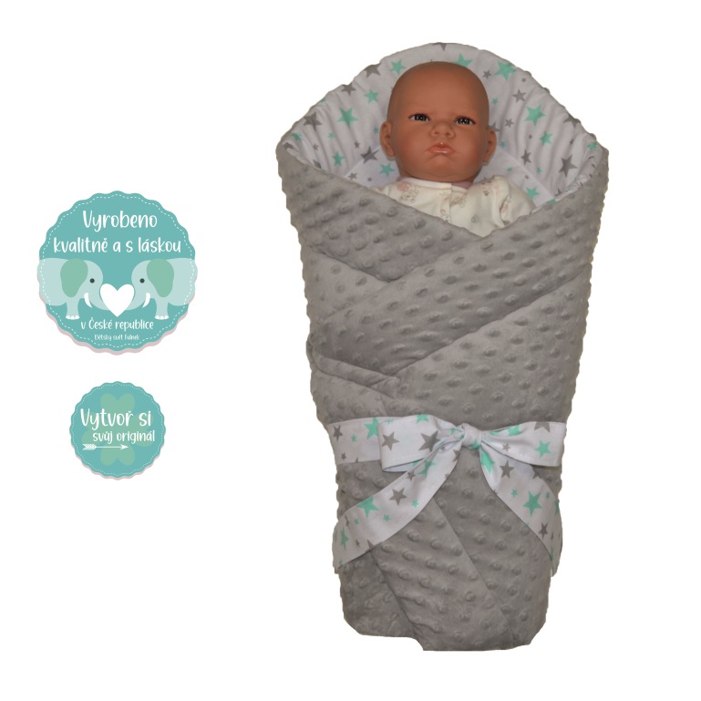 Dětská rychlozavinovačka Dětský svět Minky šedá+ plátno s šedomátovými hvězdičkami, pásek