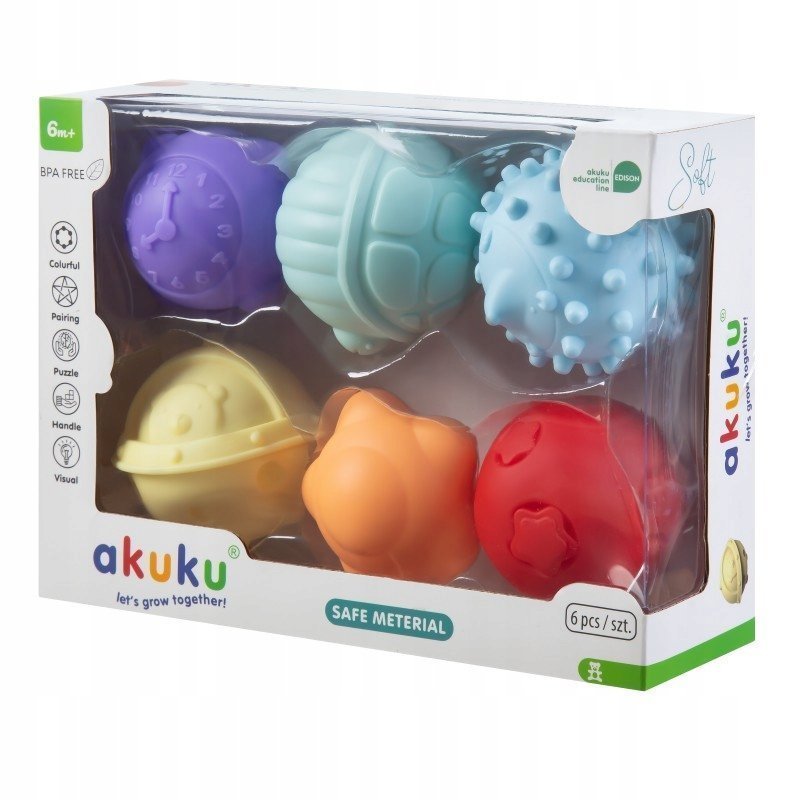 Senzorické míčky pro miminko Akuku 6 ks – edukační barevné míčky 🟡🔵