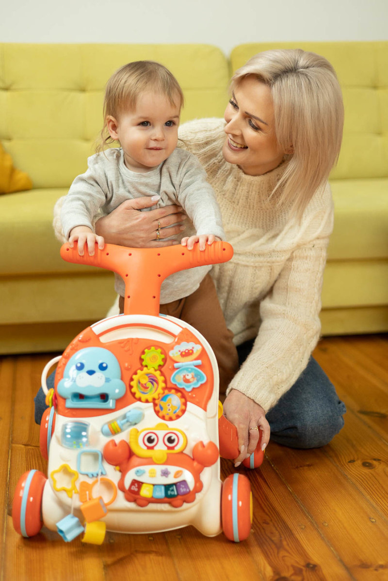 Dětské interaktivní chodítko, stoleček s příslušenstvím 2v1, TOYZ SPARK, šedé