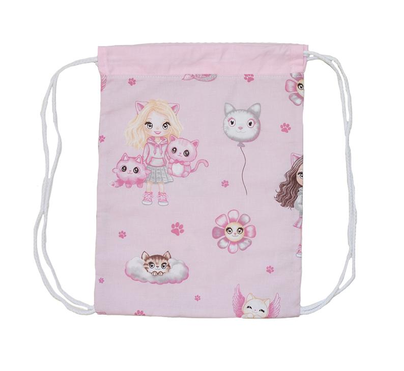 Kapsář do školky na ramínko se jménem Dětský svět – Holčičky s kočičkou 👧🐱🎒