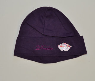 Dětská čepička, Dráček, fialová s nápisem Dráče 52-54cm, Výprodej