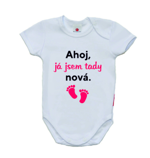 Kojenecké body s nápisem, Gama, krátký rukáv, Ahoj, já jsem tady nová