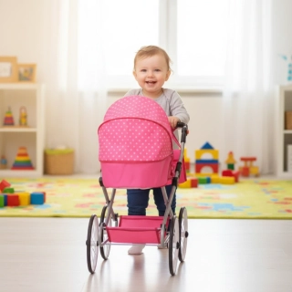 Retro kočárek pro panenky 2v1 New Baby Anetka růžový s puntíky 