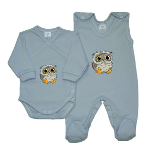 Kojenecká soupravička pro miminko Gama šedá 2-dílná zavinovací body+dupačky šedá sova