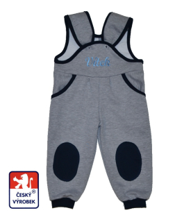 Dětské tepláčky se jménem Dětský svět šedomodré se záplatami