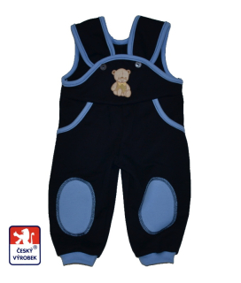 Dětské tepláčky s laclem a záplatami Dětský svět tmavě modré s medvídkem ve vestě