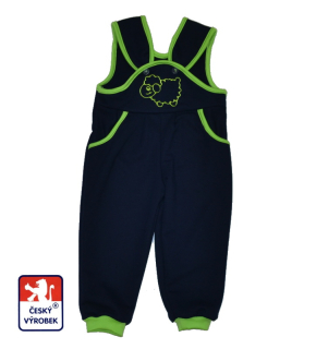 Dětské laclové tepláčky Dětský svět tmavě modré se zelenou ovečkou