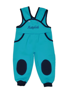 Dětské tepláčky s laclem se jménem tyrkysové se záplatami | Dětský svět