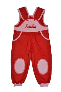 Dětské tepláky se jménem Dětský svět holčičí červenorůžové se záplatami
