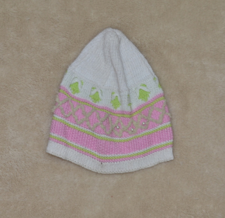 Dívčí pletená čepička, bílorůžová s perličkami Výprodej