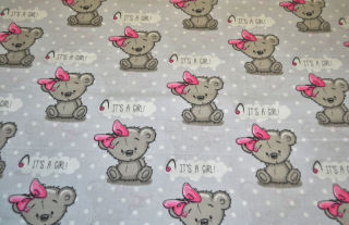 Potisk plátna č.417 medvídek Torro s růžovou mašličkou