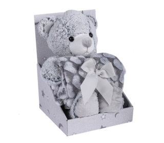 Dárková deka do kočárku s plyšákem EASY CARE šedý medvídek