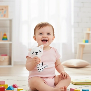 Kojenecká pískací hračka do ruky Akuku kočička