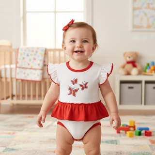 Dětské body se sukýnkou červeno-bílé s motýlky pro holčičky 👶🦋 | Dětský svět