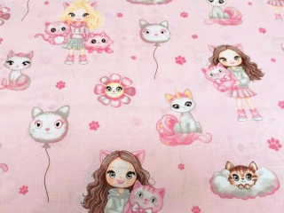 Dětská bavlněná látka metráž Holčičky s kočičkou 🐱👧