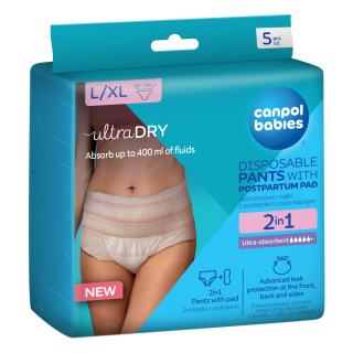 Poporodní kalhotky s vložkou 2v1 Canpol babies L/XL 5 ks – jednorázové absorpční